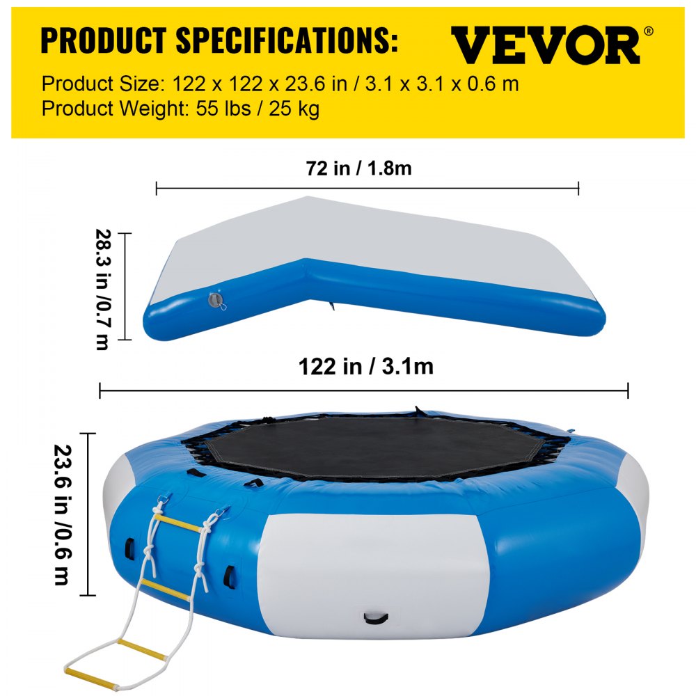 VEVOR Inflatable Water Trampoline 10ft , Round Inflatable Water Bouncer with Yellow Escalator and 4-Step Ladder, Water Trampoline in Blue and White for Water Sports.