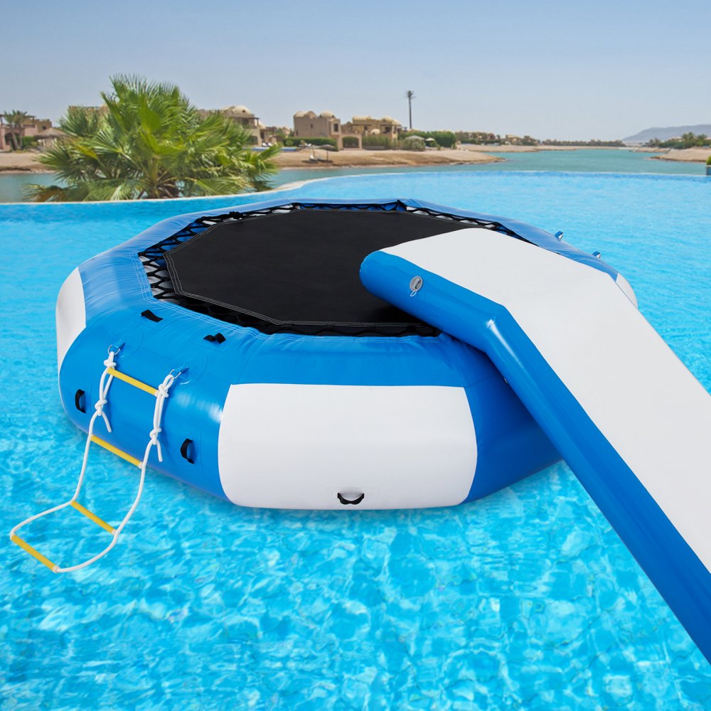 VEVOR Inflatable Water Trampoline 10ft , Round Inflatable Water Bouncer with Yellow Escalator and 4-Step Ladder, Water Trampoline in Blue and White for Water Sports.