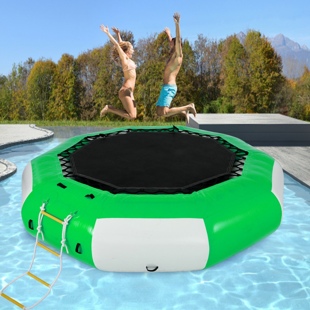 VEVOR Inflatable Water Trampoline, 10ft Recreational Water Bouncer with Escalator, Round Inflatable Water Trampoline in Green and White, Floating Trampoline for Lakes, Pools, Calm Sea