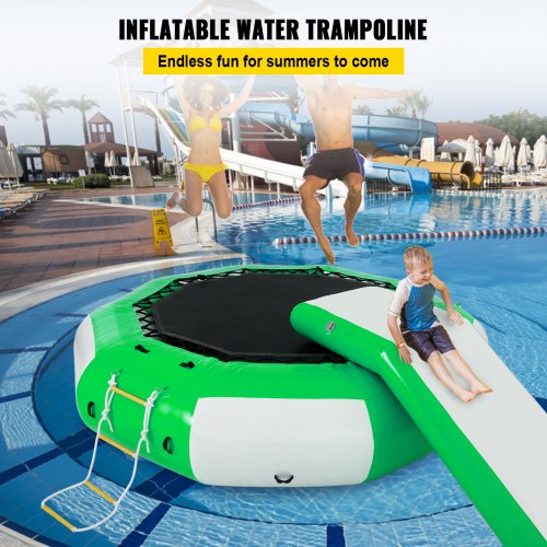 VEVOR Inflatable Water Trampoline 10ft , Round Inflatable Water Bouncer with Yellow Slide and 4-Step Ladder, Water Trampoline in Green and White for Water Sports.