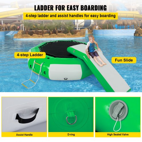 VEVOR Inflatable Water Trampoline 10ft , Round Inflatable Water Bouncer with Yellow Slide and 4-Step Ladder, Water Trampoline in Green and White for Water Sports.