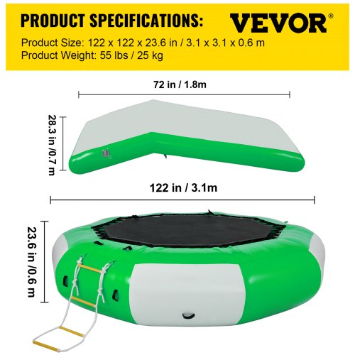 VEVOR Inflatable Water Trampoline 10ft , Round Inflatable Water Bouncer with Yellow Slide and 4-Step Ladder, Water Trampoline in Green and White for Water Sports.
