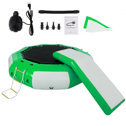 VEVOR Inflatable Water Trampoline 10ft , Round Inflatable Water Bouncer with Yellow Slide and 4-Step Ladder, Water Trampoline in Green and White for Water Sports.