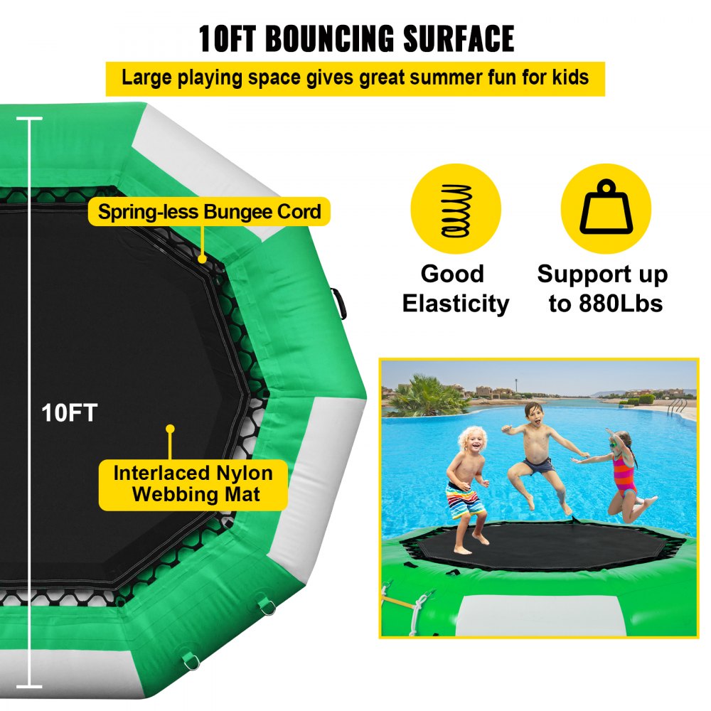 VEVOR Inflatable Water Trampoline 10ft , Round Inflatable Water Bouncer with Yellow Slide and 4-Step Ladder, Water Trampoline in Green and White for Water Sports.