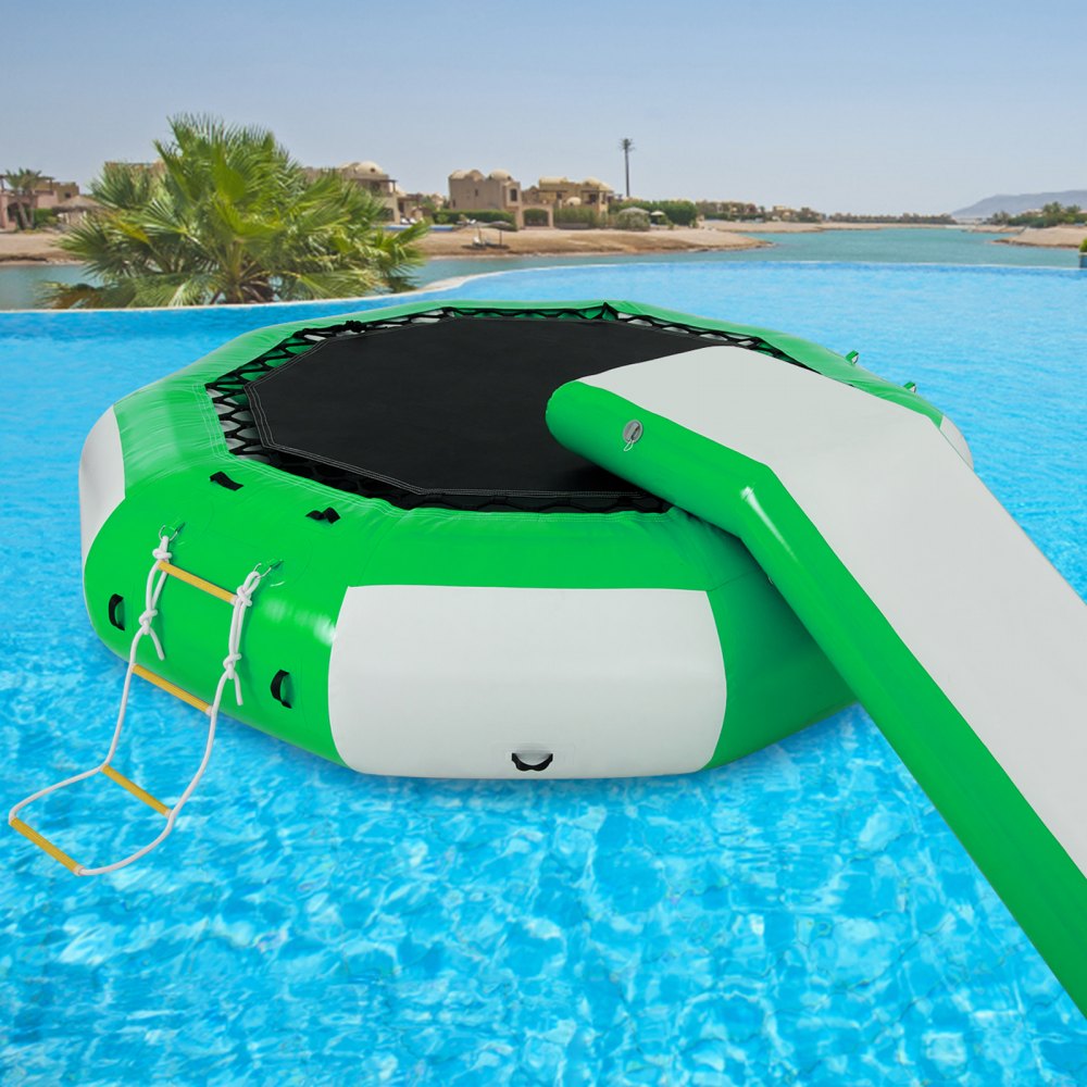 VEVOR Inflatable Water Trampoline 10ft , Round Inflatable Water Bouncer with Yellow Slide and 4-Step Ladder, Water Trampoline in Green and White for Water Sports.