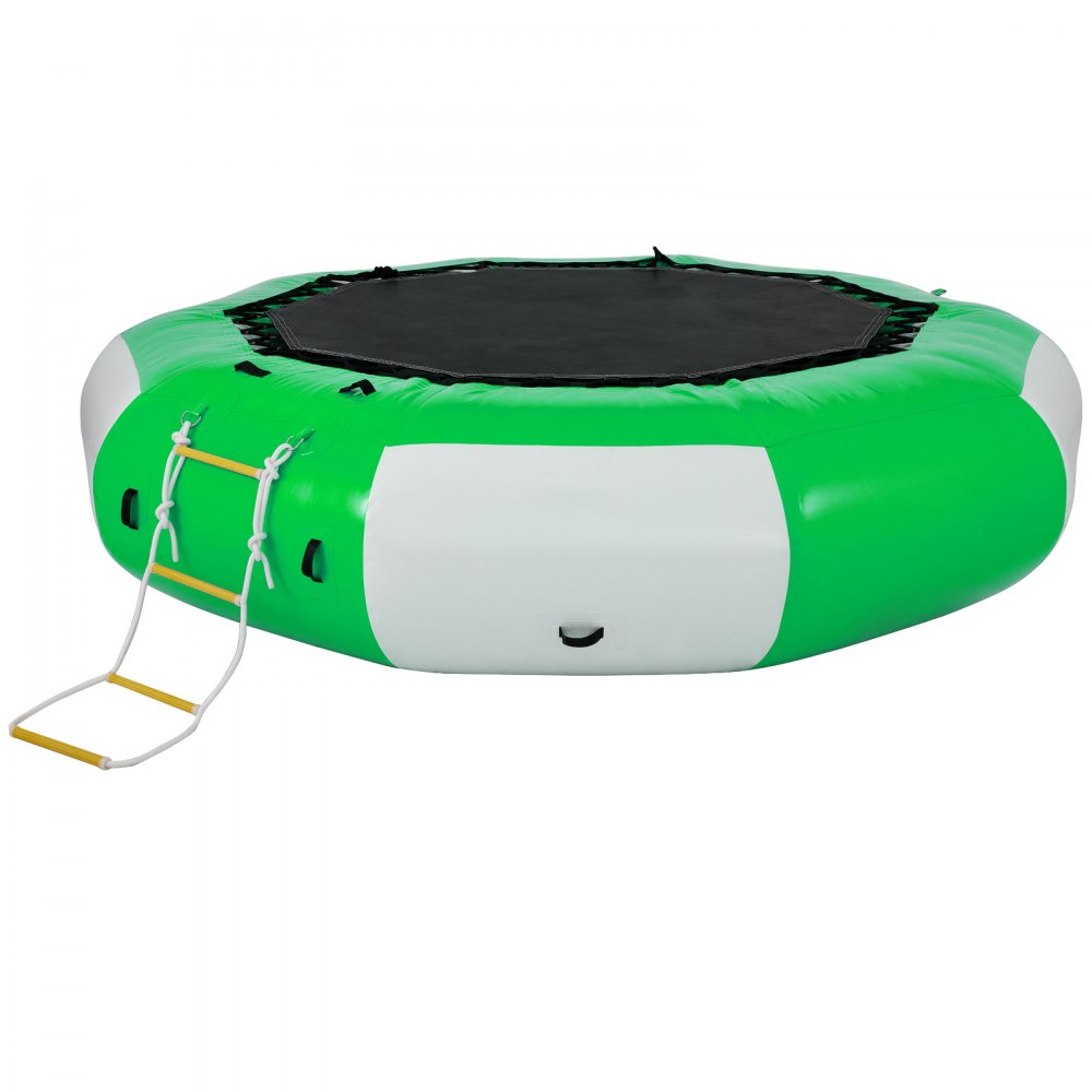 VEVOR Inflatable Water Trampoline 10ft , Round Inflatable Water Bouncer with Yellow Slide and 4-Step Ladder, Water Trampoline in Green and White for Water Sports.