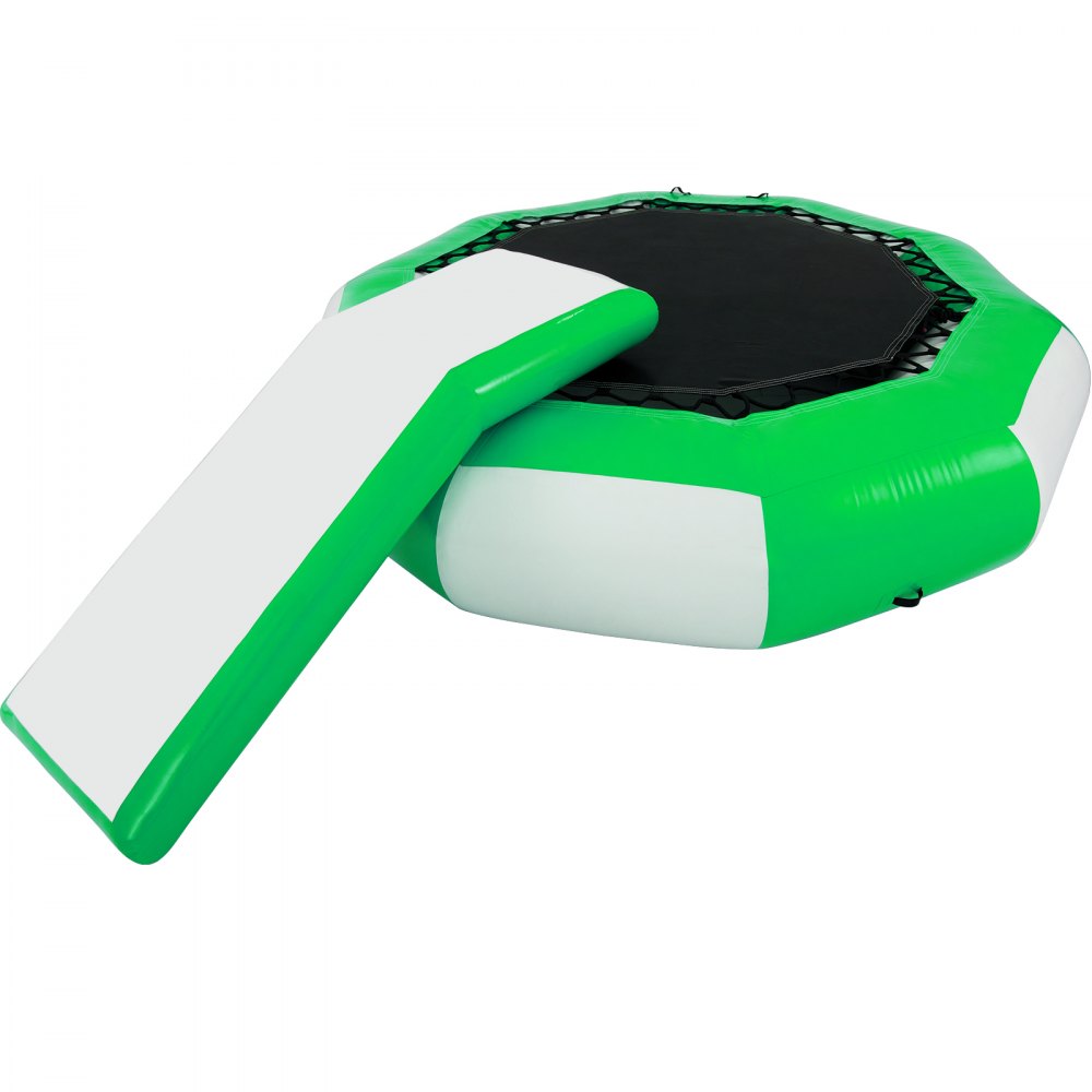 VEVOR Inflatable Water Trampoline 10ft , Round Inflatable Water Bouncer with Yellow Slide and 4-Step Ladder, Water Trampoline in Green and White for Water Sports.