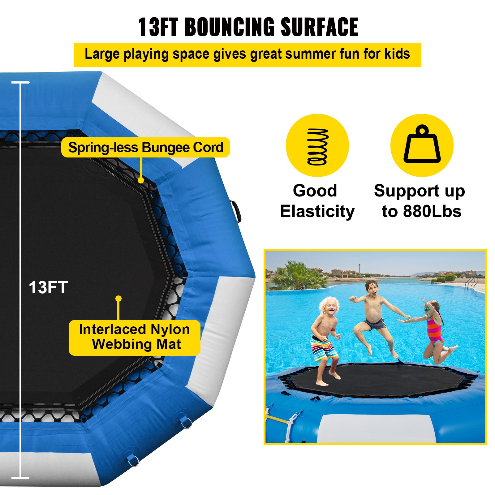 VEVOR Inflatable Water Trampoline, 13ft Recreational Water Bouncer with Escalator, Round Inflatable Water Trampoline in Blue and White, Floating Trampoline for Lakes, Pools, Calm Sea