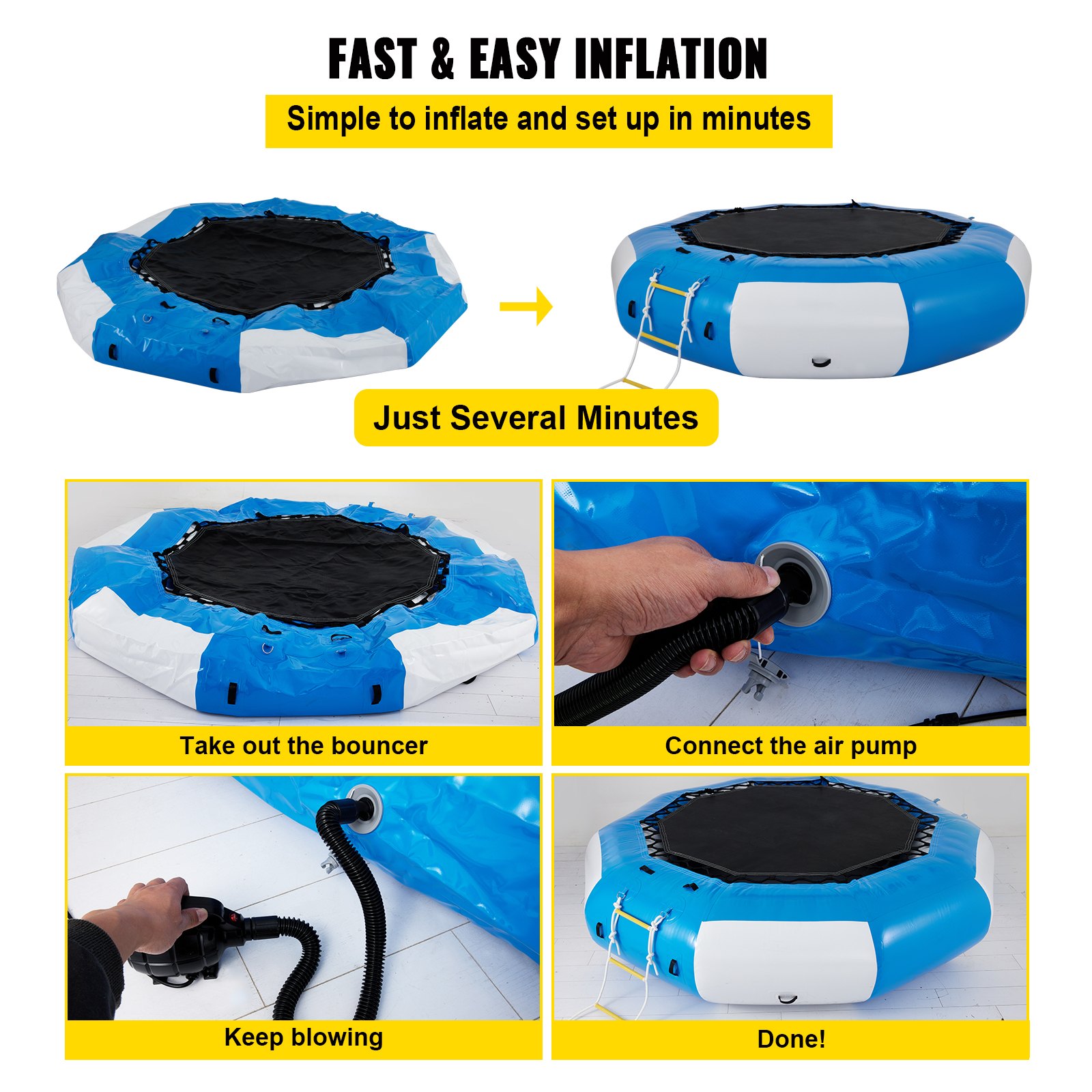 VEVOR Inflatable Water Trampoline, 13ft Recreational Water Bouncer with Escalator, Round Inflatable Water Trampoline in Blue and White, Floating Trampoline for Lakes, Pools, Calm Sea