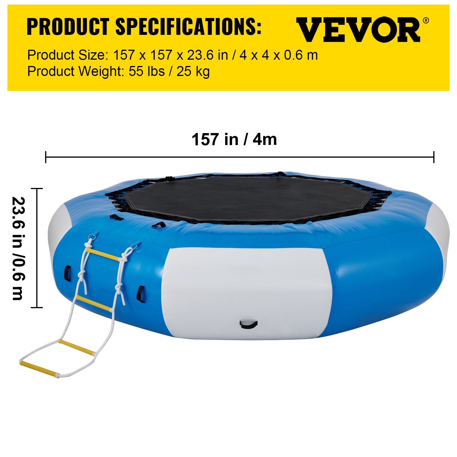 VEVOR Inflatable Water Trampoline, 13ft Recreational Water Bouncer with Escalator, Round Inflatable Water Trampoline in Blue and White, Floating Trampoline for Lakes, Pools, Calm Sea