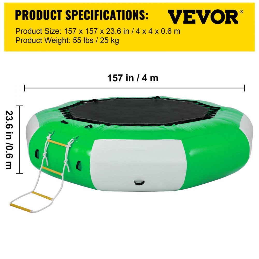 VEVOR Inflatable Water Trampoline, 13ft Recreational Water Bouncer with Escalator, Round Inflatable Water Trampoline in Green and White, Floating Trampoline for Lakes, Pools, Calm Sea
