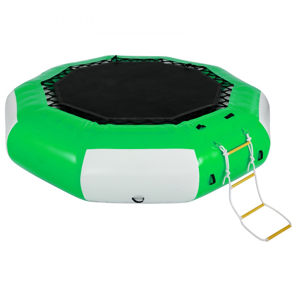 VEVOR Inflatable Water Trampoline, 13ft Recreational Water Bouncer with Escalator, Round Inflatable Water Trampoline in Green and White, Floating Trampoline for Lakes, Pools, Calm Sea
