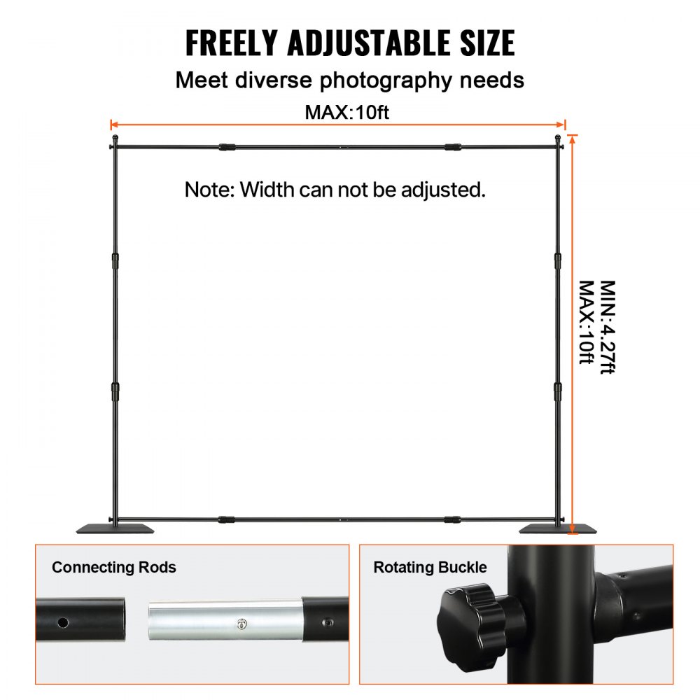 VEVOR 10ft x 10ft Pipe and Drape Kit, Heavy Duty Backdrop Stand with Carbon Steel Base, Adjustable Backdrop Support with 6 Clamps and A Carry Bag for Wedding, Party, Event, Photography, and Exhibition