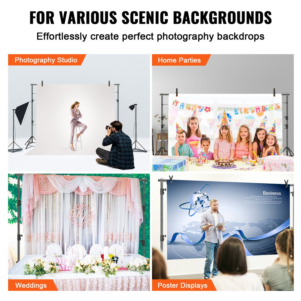VEVOR backdrop stand for studios, home parties, weddings, and poster displays, versatile photo backgrounds.