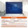 VEVOR backdrop stand with blue geometric design and specifications, including size, weight, and package contents.