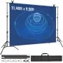 VEVOR backdrop stand setup with blue background, 11.48ft x 9.58ft dimensions, and included accessories.