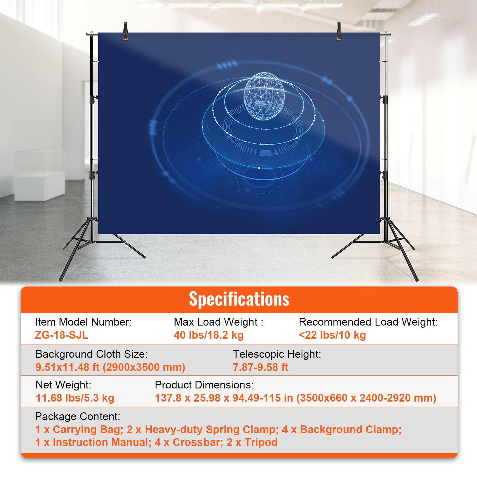 VEVOR backdrop stand with blue geometric design and specifications, including size, weight, and package contents.