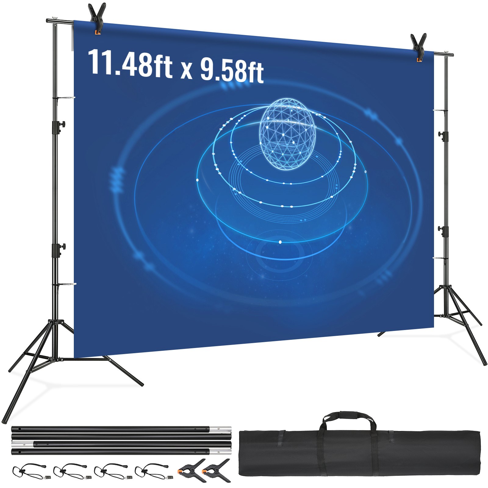 VEVOR backdrop stand setup with blue background, 11.48ft x 9.58ft dimensions, and included accessories.