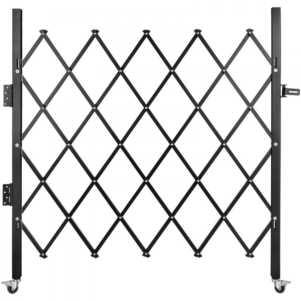 black VEVOR folding security gate with diamond lattice pattern and lock mechanism.