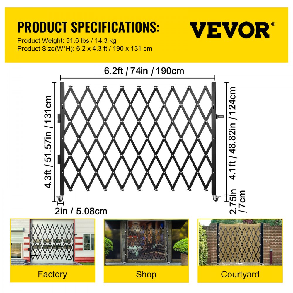 VEVOR Single Folding Security Gate, 1.27m W x 1.9m H Folding Door Gate, Steel Accordion Security Gate, Flexible Expanding Security Gate, 360° Rolling Barricade Gate, Scissor Gate or Door with Padlock