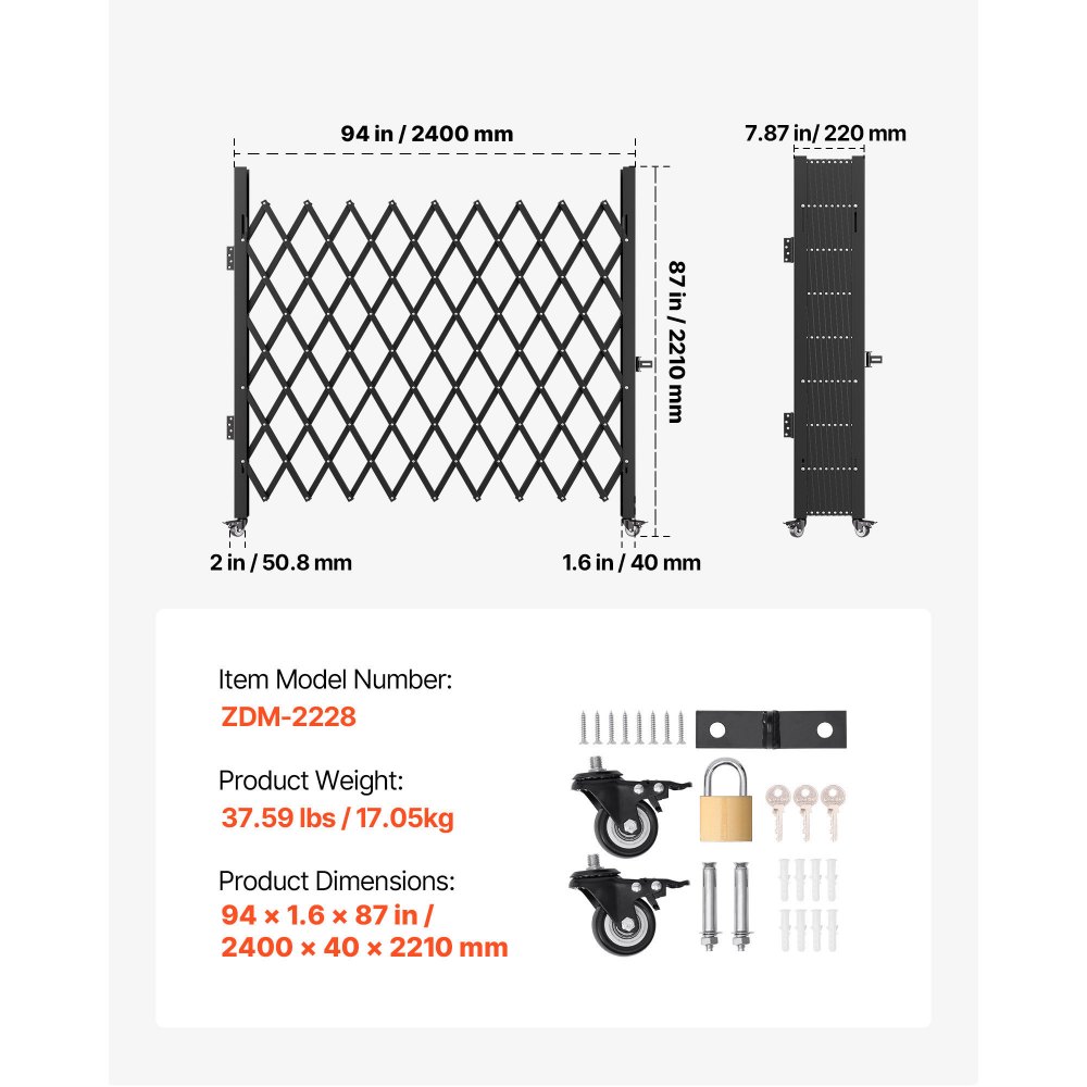 VEVOR Single Folding Security Gate, 7.25 ft H x 7.8 ft W Folding Door Gate, Steel Accordion Security Gate, Flexible Expanding Security Gate, 360° Rolling Barricade Gate, Scissor Gate/Door with Padlock