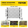 VEVOR folding security gate with dimensions and product applications in factory, shop, courtyard.