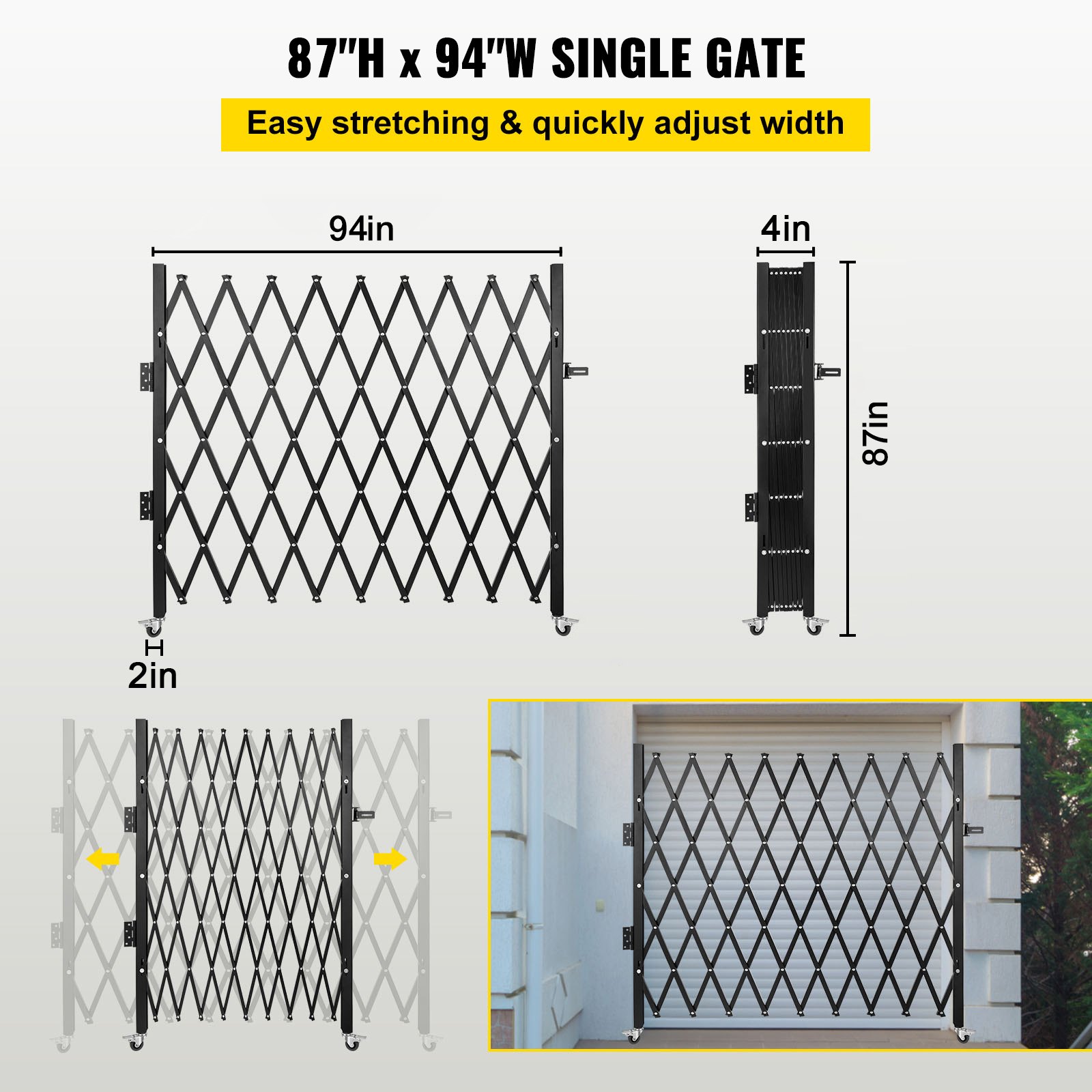 VEVOR folding security gate, 85&quot;h x 95&quot;w, easy stretching and quick width adjustment.