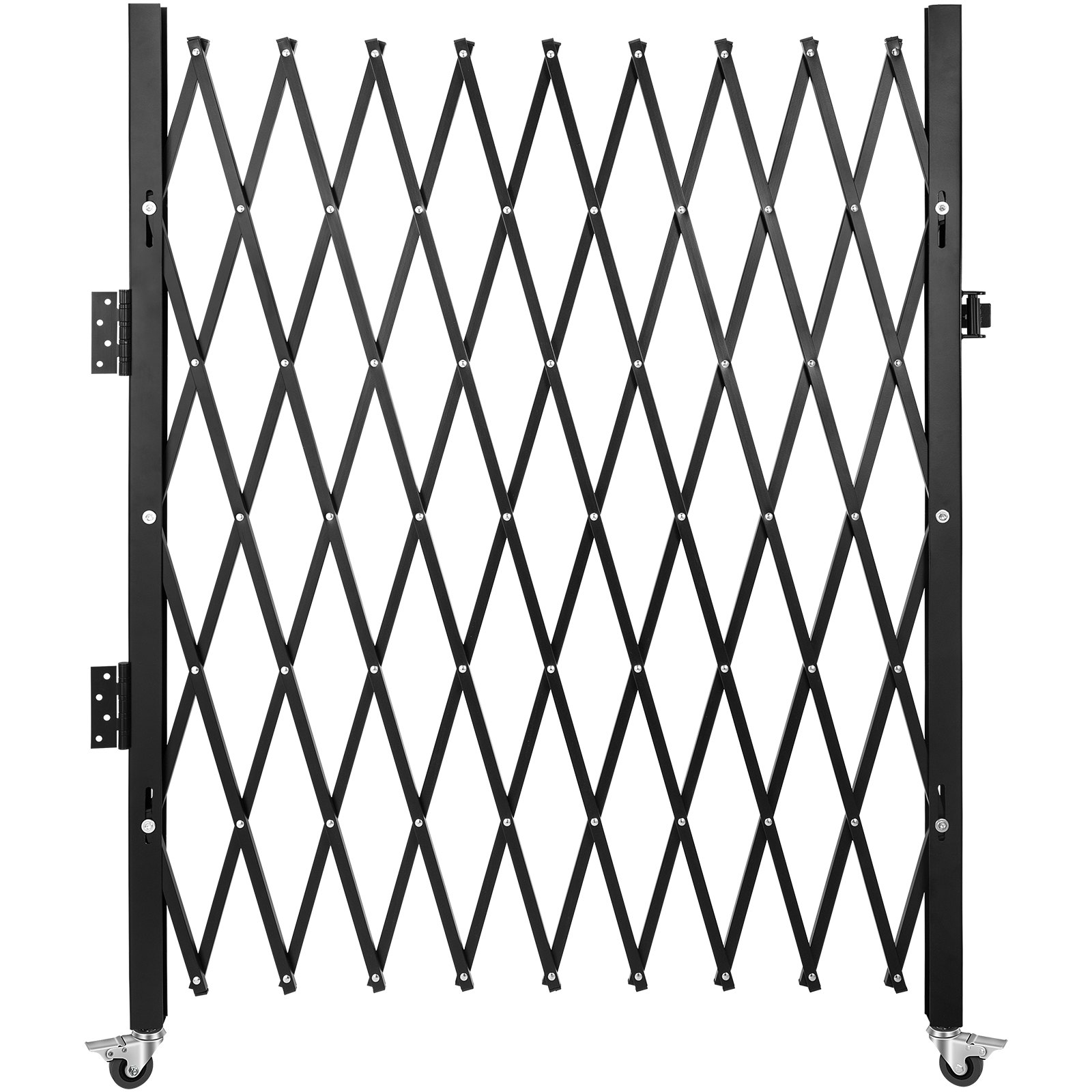 collapsible black VEVOR folding security gate on wheels with diamond pattern.