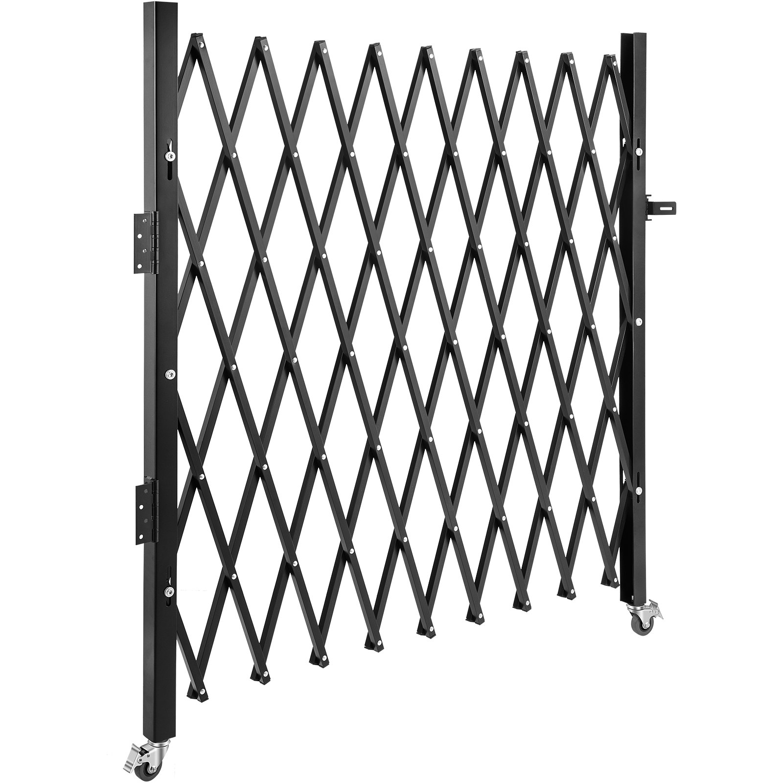 black VEVOR folding security gate with lattice design and caster wheels.