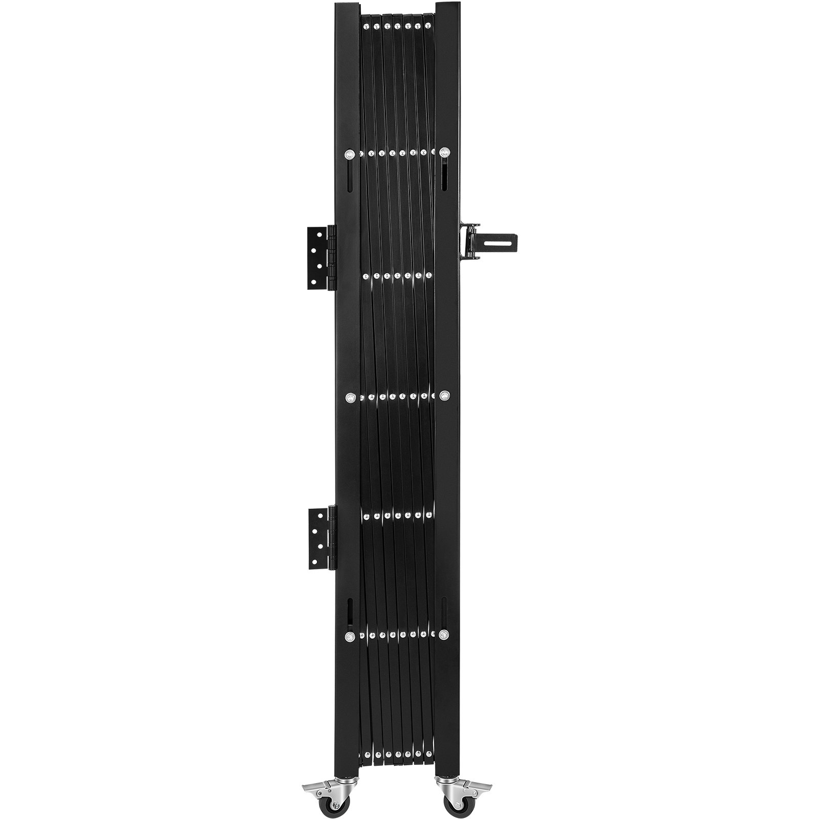 black VEVOR folding security gate on wheels in a compact upright position.