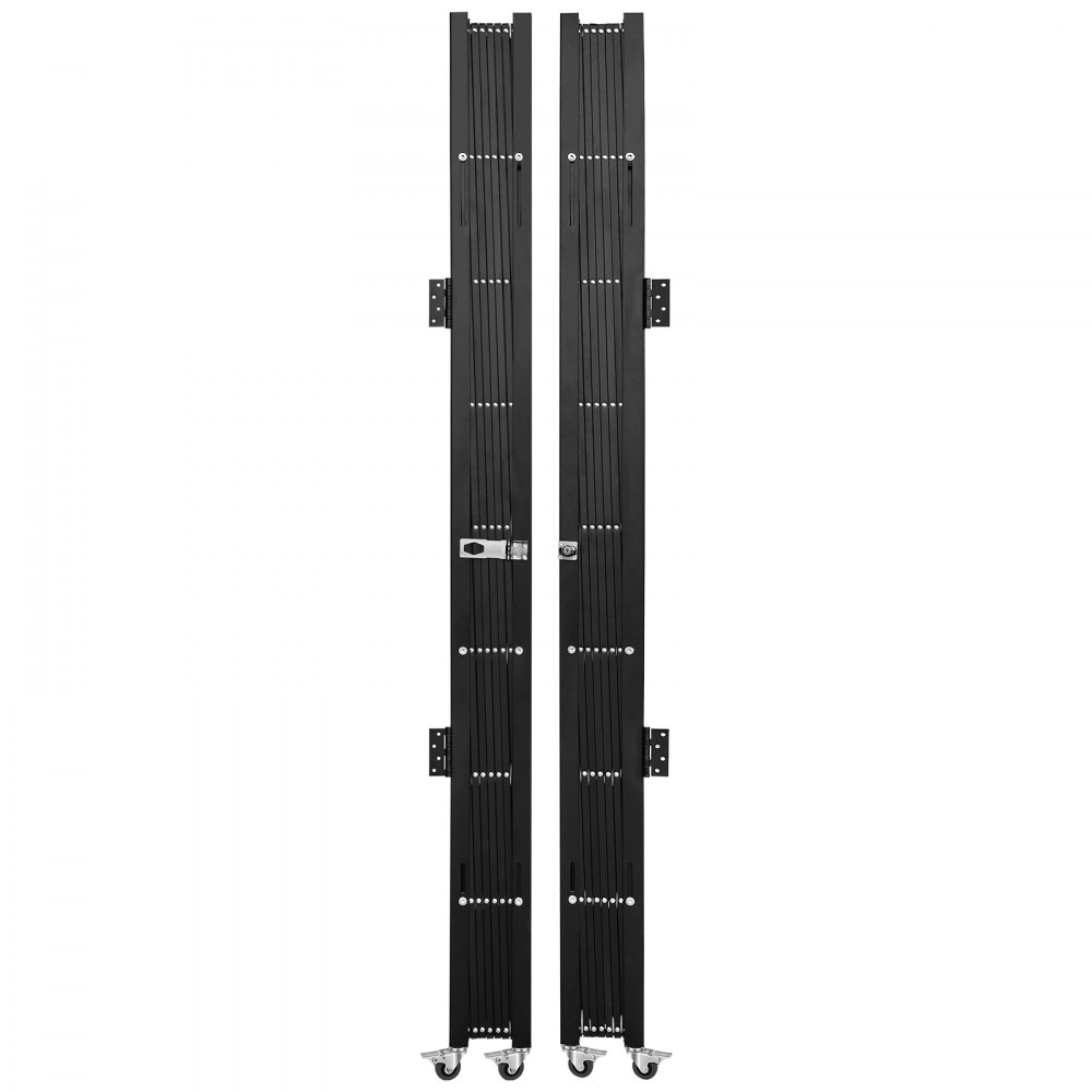 VEVOR folding security gate in black, closed, mounted on wheels for easy mobility.