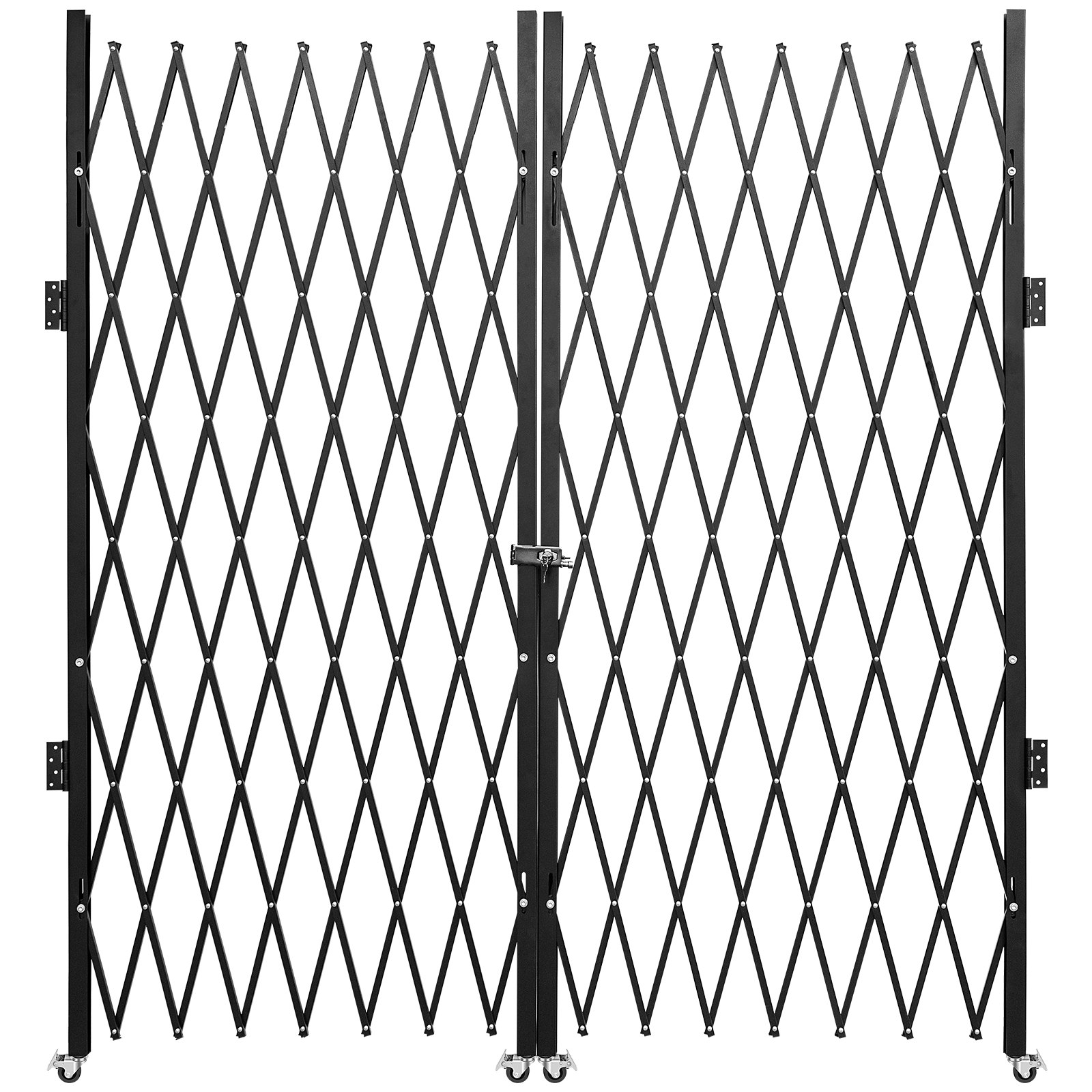 black VEVOR folding security gate with diamond pattern and locking mechanism.