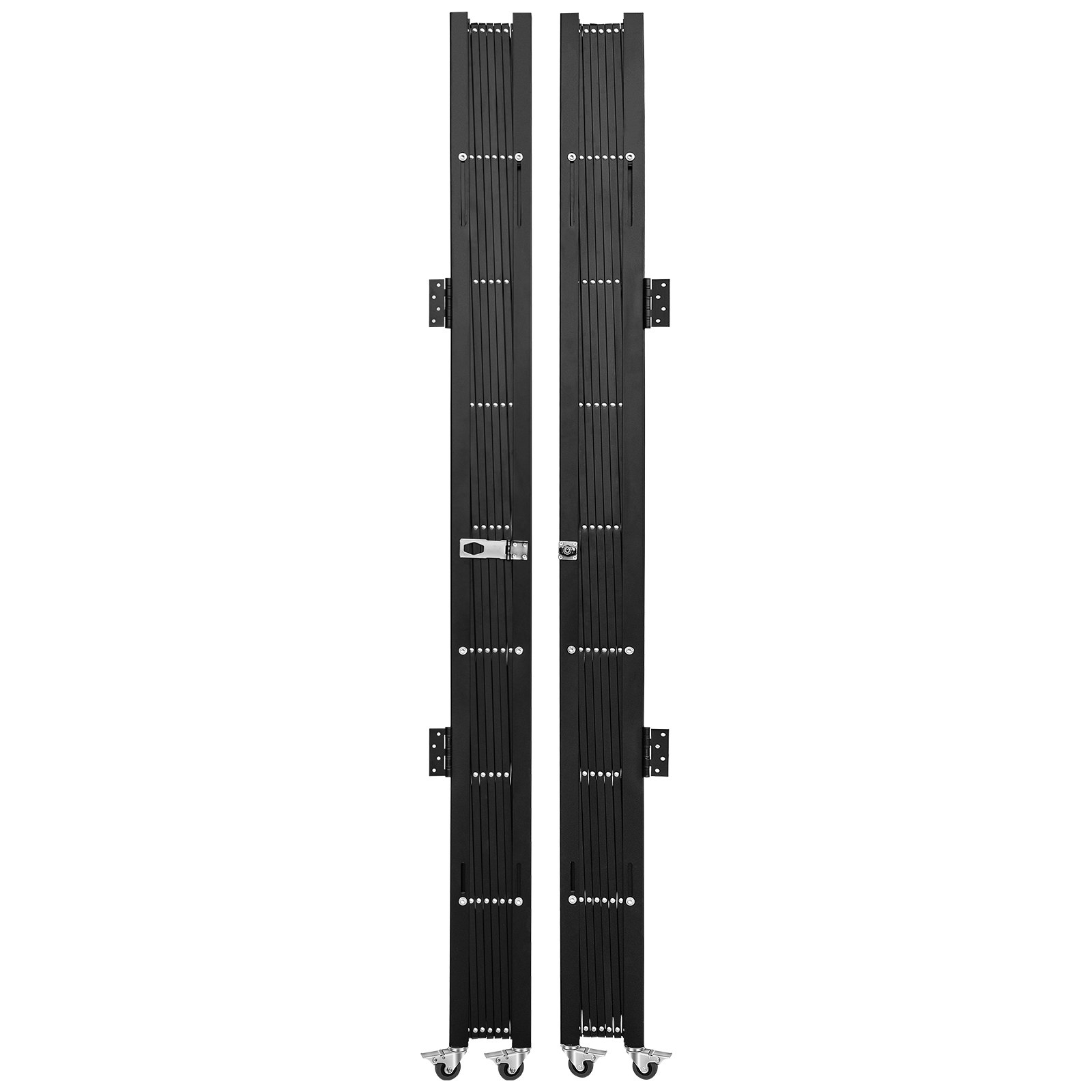 VEVOR folding security gate in black, closed, mounted on wheels for easy mobility.