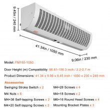 VEVOR 42" Commercial Indoor Air Curtain Super Power 2 Speeds 1350CFM, Tested to UL Standards Wall Mounted Air Curtains for Doors, Indoor Over Door Fan with Heavy Duty Limit Switch, Easy-Install 110V Unheated