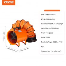 VEVOR Portable Ventilator, 254mm Heavy Duty Cylinder Fan with 10m Duct Hose, 300W Strong Shop Exhaust Blower 1720CFM, Industrial Utility Blower for Sucking Dust, Smoke, Smoke Home/Workplace