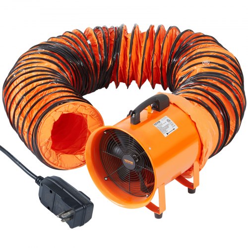 VEVOR Portable Ventilator, 304.8mm Heavy Duty Cylinder Fan with 10m Duct Hose, 365W Strong Shop Exhaust Blower 2574CFM, Industrial Utility Blower for Sucking Dust, Smoke, Smoke Home/Workplace