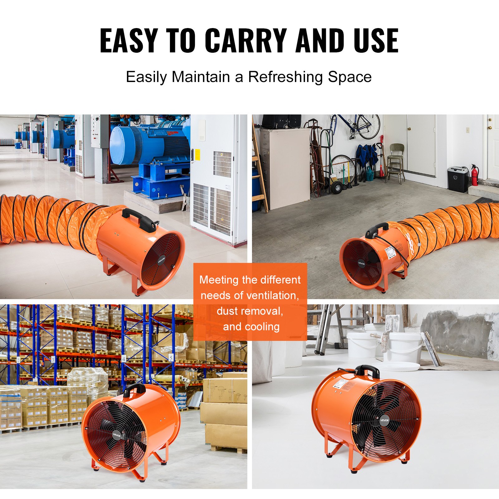 VEVOR Portable Ventilator, 406.4mm Heavy Duty Cylinder Fan with 10m Duct Hose, 900W Strong Shop Exhaust Blower 5175CFM, Industrial Utility Blower for Sucking Dust, Smoke, Smoke Home/Workplace