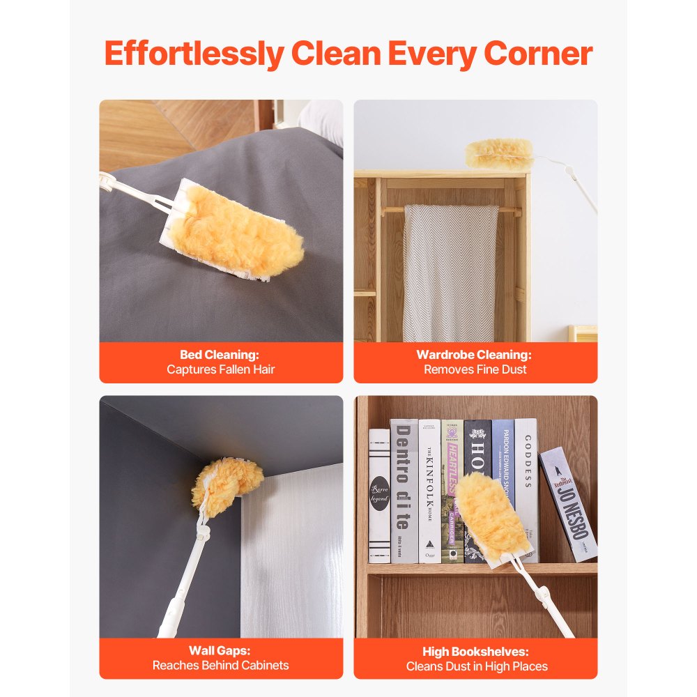 VEVOR Duster Refills, Heavy Duty Dusters for Cleaning, 3 ft Extendable Handle with 10 Refills, Reusable Non-woven Fabric 360° Cleaning Kit for Dusting Furniture, Blinds, Ceiling Fans, Walls, Corners