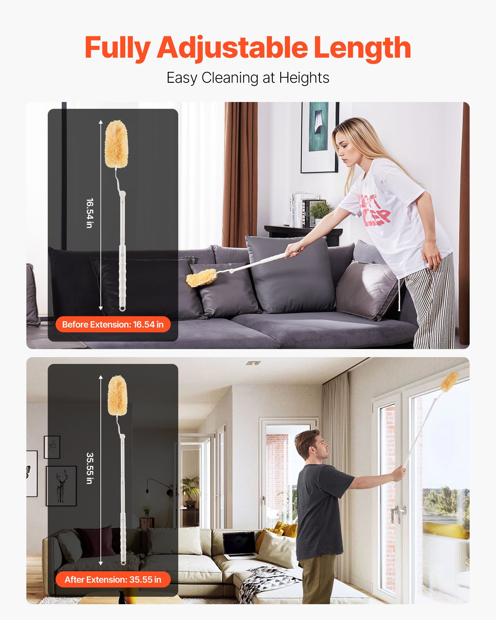 VEVOR Duster Refills, Heavy Duty Dusters for Cleaning, 3 ft Extendable Handle with 10 Refills, Reusable Non-woven Fabric 360° Cleaning Kit for Dusting Furniture, Blinds, Ceiling Fans, Walls, Corners