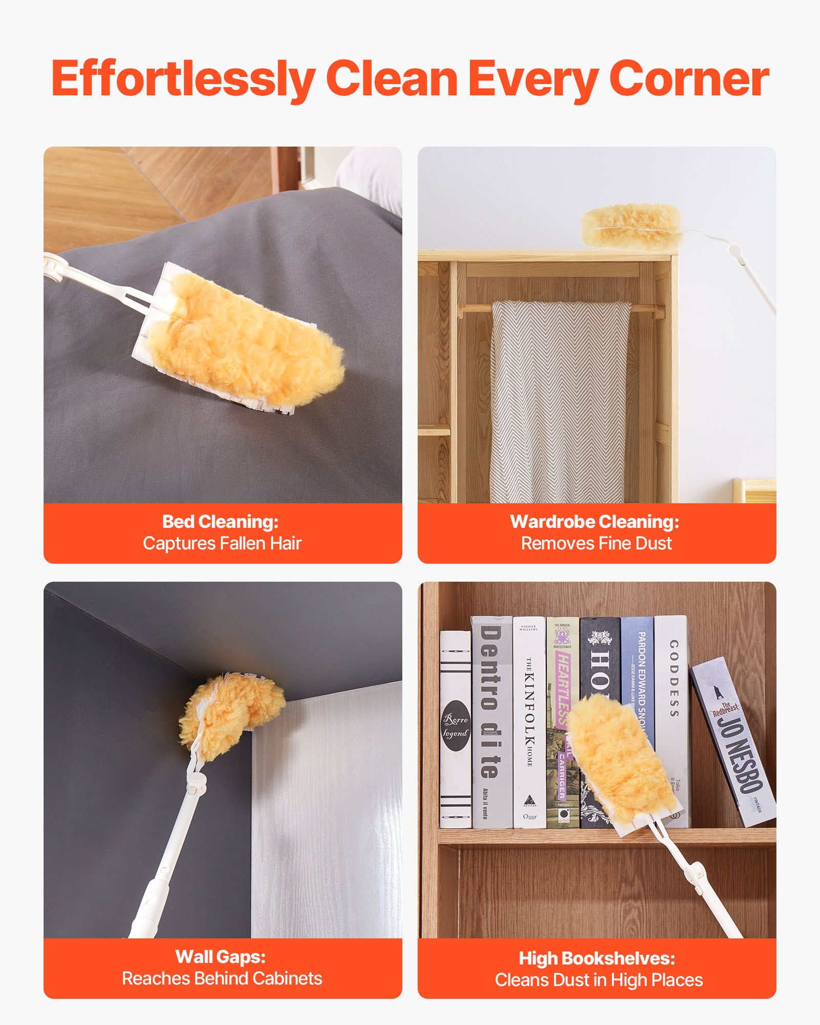 VEVOR Duster Refills, Heavy Duty Dusters for Cleaning, 3 ft Extendable Handle with 10 Refills, Reusable Non-woven Fabric 360° Cleaning Kit for Dusting Furniture, Blinds, Ceiling Fans, Walls, Corners