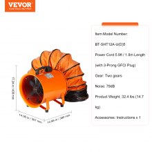 VEVOR Portable Ventilator, 304.8mm/12inch Heavy Duty Cylinder Fan with 5m Duct Hose, 365W Strong Shop Exhaust Blower 2574CFM, Industrial Utility Blower for Sucking Dust, Smoke, Smoke Home/Workplace