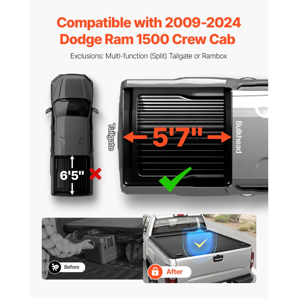 VEVOR Retractable Tonneau Cover, 5.7 ft Hard Retractable Tonneau Cover with Built-in Drainage Pipe for 2009-2024 Dodge Ram 1500 Crew Cab, Customized Hard Tonneau Cover with Double-Lock & T-Slot