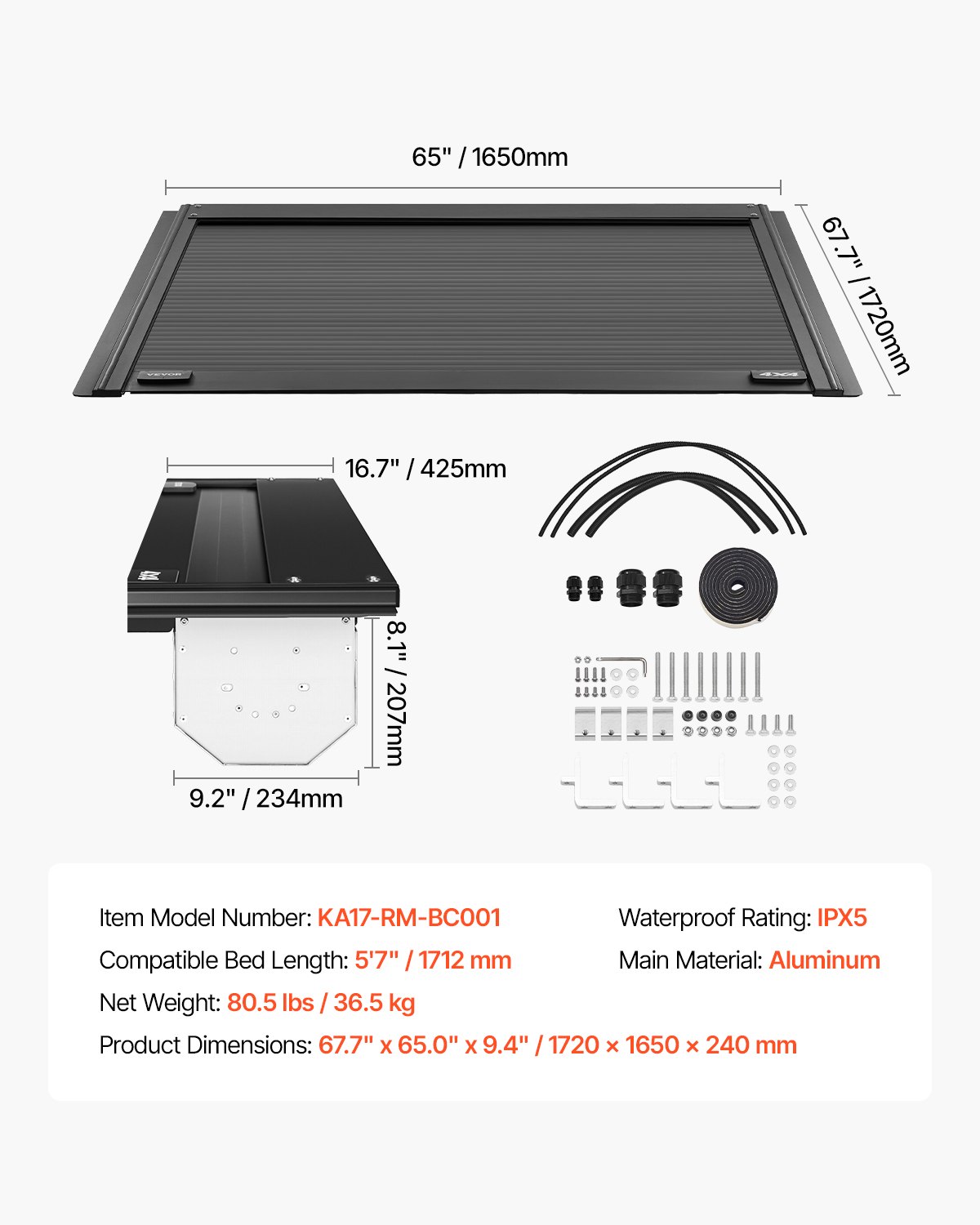 VEVOR Retractable Tonneau Cover, 5.7 ft Hard Retractable Tonneau Cover with Built-in Drainage Pipe for 2009-2024 Dodge Ram 1500 Crew Cab, Customized Hard Tonneau Cover with Double-Lock & T-Slot