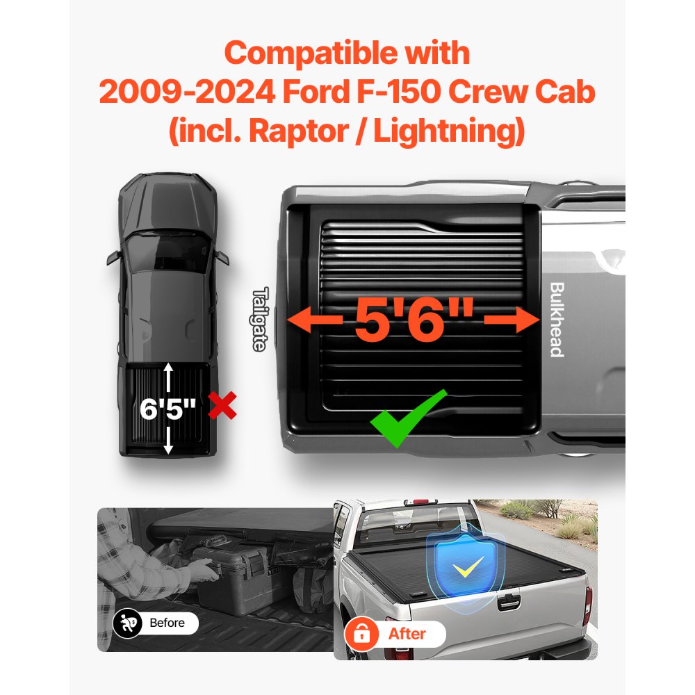 VEVOR Retractable Tonneau Cover, 5.5 ft Hard Retractable Tonneau Cover with Built-in Drainage Pipe for 2009-2024 Ford F-150 Crew Cab , Customized Hard Tonneau Cover with Double-Lock & T-Slot