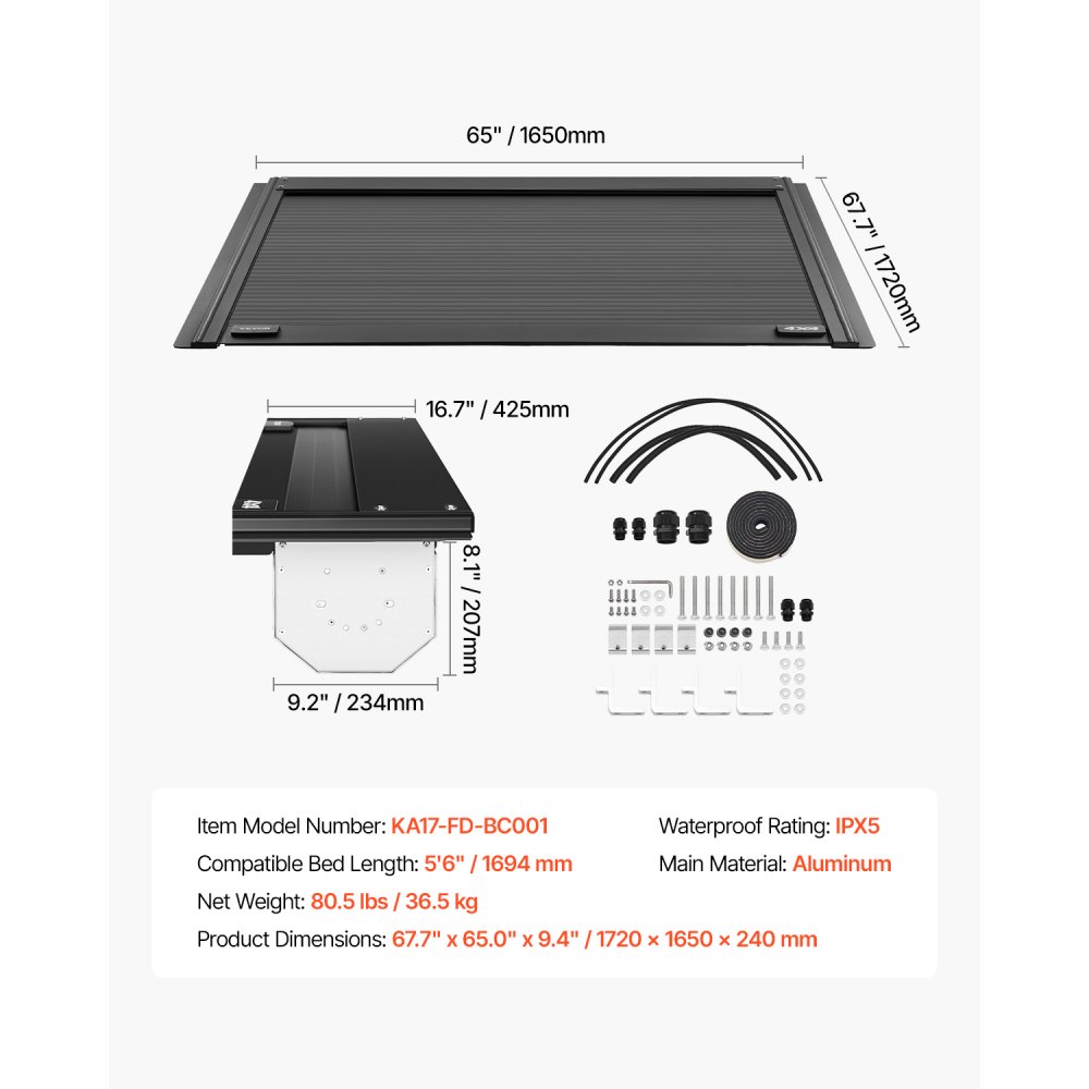 VEVOR Retractable Tonneau Cover, 5.5 ft Hard Retractable Tonneau Cover with Built-in Drainage Pipe for 2009-2024 Ford F-150 Crew Cab , Customized Hard Tonneau Cover with Double-Lock & T-Slot