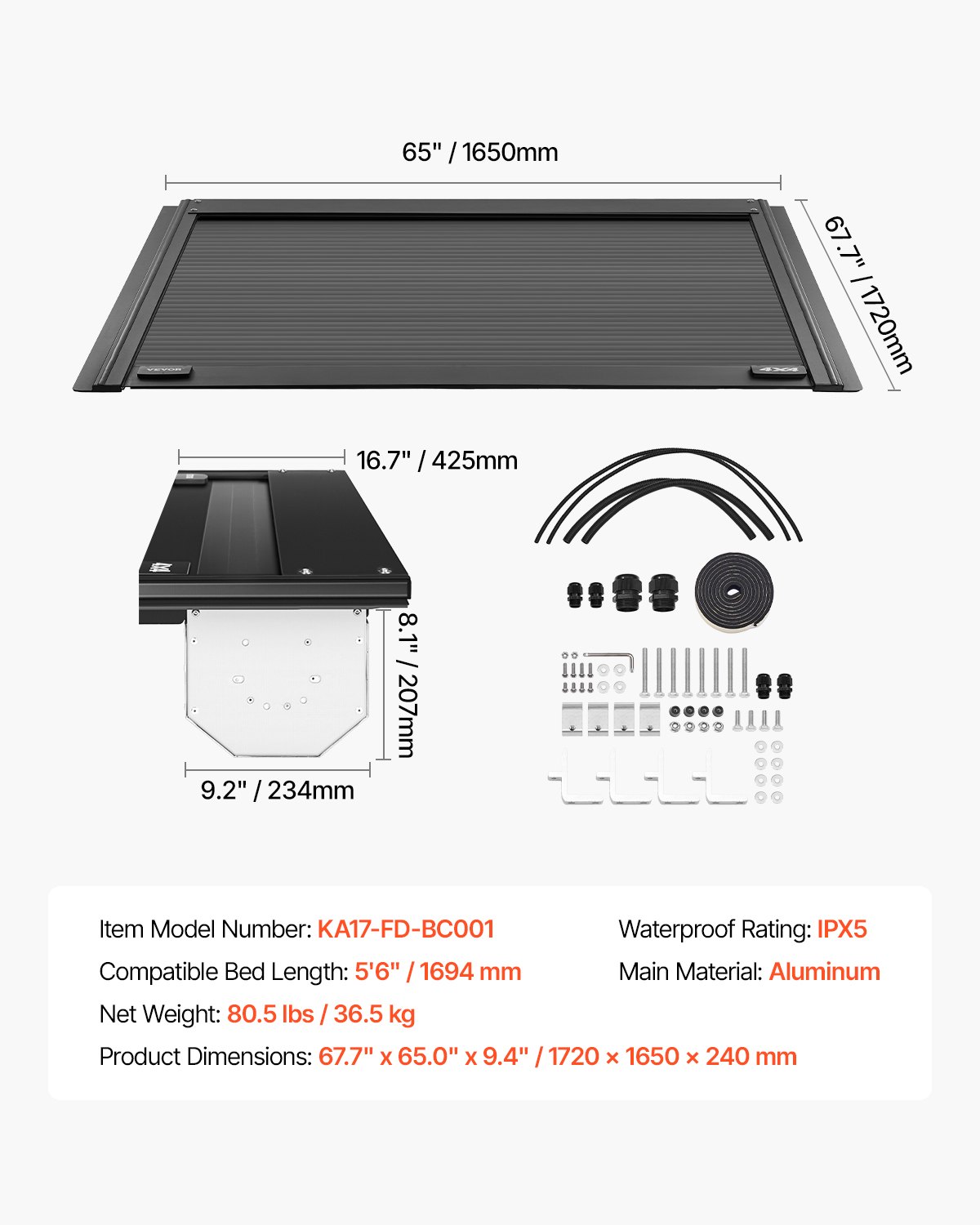 VEVOR Retractable Tonneau Cover, 5.5 ft Hard Retractable Tonneau Cover with Built-in Drainage Pipe for 2009-2024 Ford F-150 Crew Cab , Customized Hard Tonneau Cover with Double-Lock & T-Slot