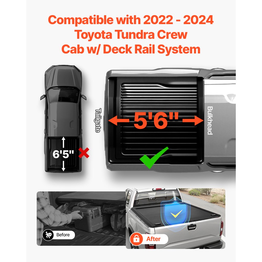 VEVOR Retractable Tonneau Cover, 5.5 ft Hard Tonneau Cover with Built-in Drainage Pipe for 2022 - 2024 Toyota Tundra Crew Cab w/ Deck Rail System , Hard Tonneau Cover with Double-Lock & T-Slot