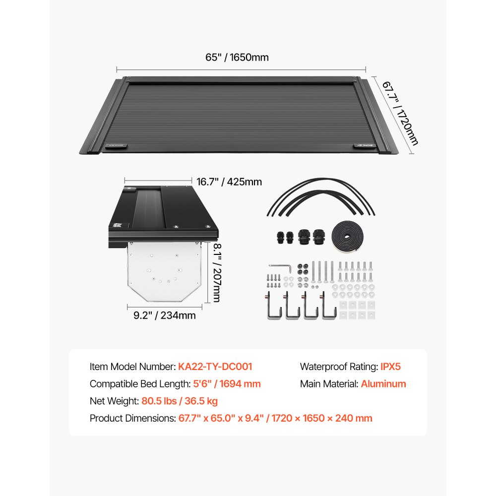 VEVOR Retractable Tonneau Cover, 5.5 ft Hard Tonneau Cover with Built-in Drainage Pipe for 2022 - 2024 Toyota Tundra Crew Cab w/ Deck Rail System , Hard Tonneau Cover with Double-Lock & T-Slot