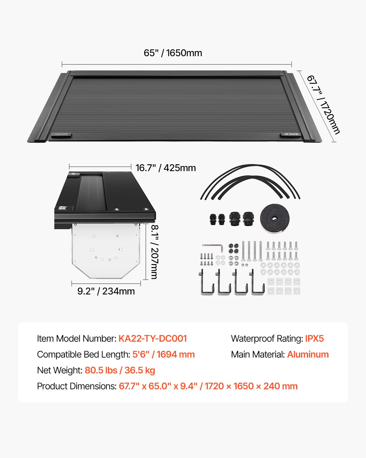 VEVOR Retractable Tonneau Cover, 5.5 ft Hard Tonneau Cover with Built-in Drainage Pipe for 2022 - 2024 Toyota Tundra Crew Cab w/ Deck Rail System , Hard Tonneau Cover with Double-Lock & T-Slot