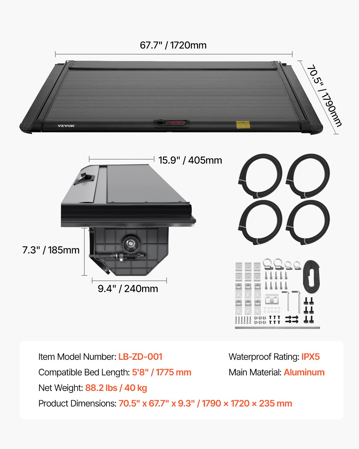 VEVOR Retractable Tonneau Cover, 5.8 ft Hard Tonneau Cover with Built-in Drainage Pipe for 2021-2024 Chevy/GMC Silverado/Sierra 1500 Crew Cab, Customized Hard Tonneau Cover with Double-Lock & T-Slot